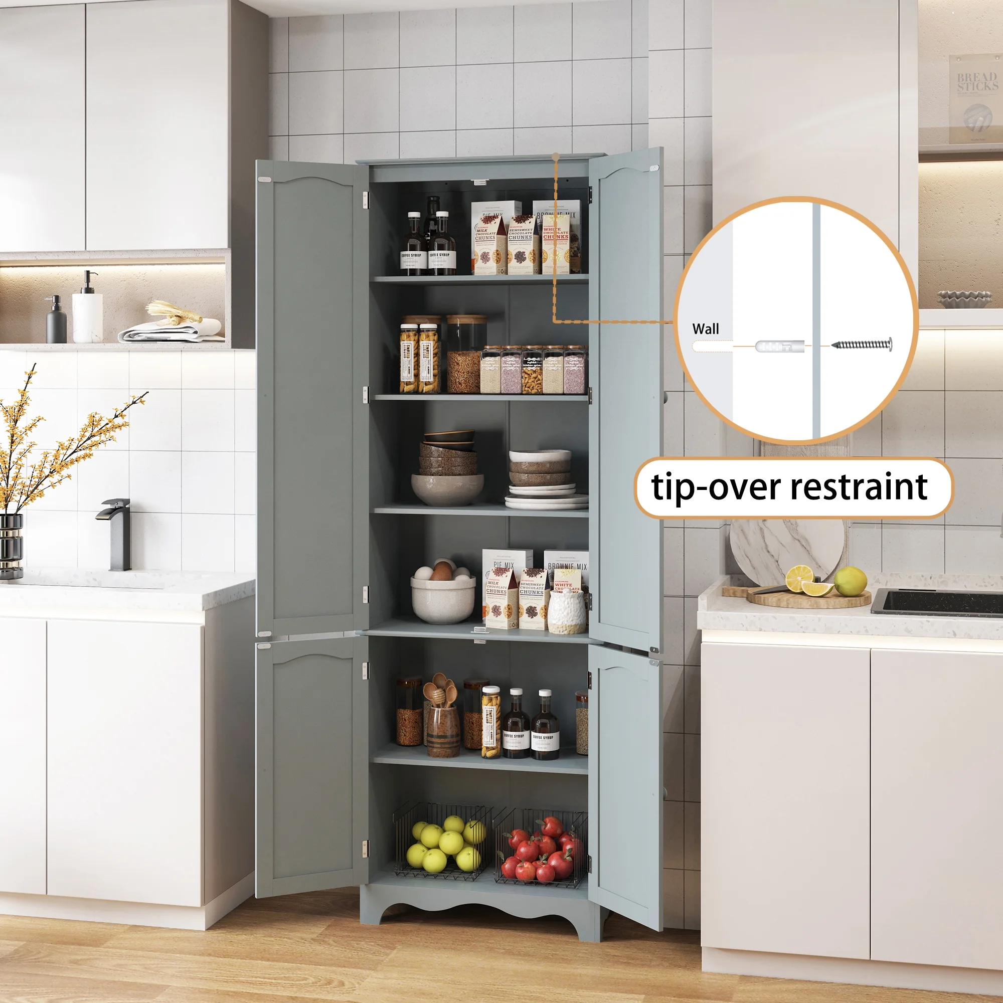 HOMEFORT 72" H Freestanding Tall Pantry Cabinet, Kitchen Pantry with 2 Large Cabinets and Adjustable Shelves