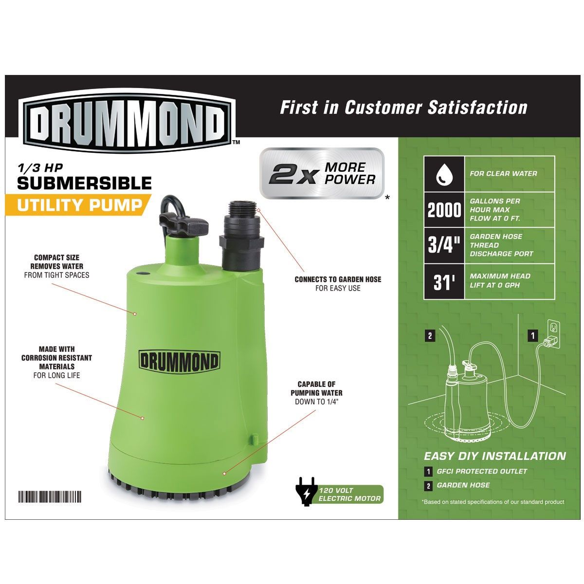 DRUMMOND 1/3 HP Submersible Utility Pump 2000 GPH