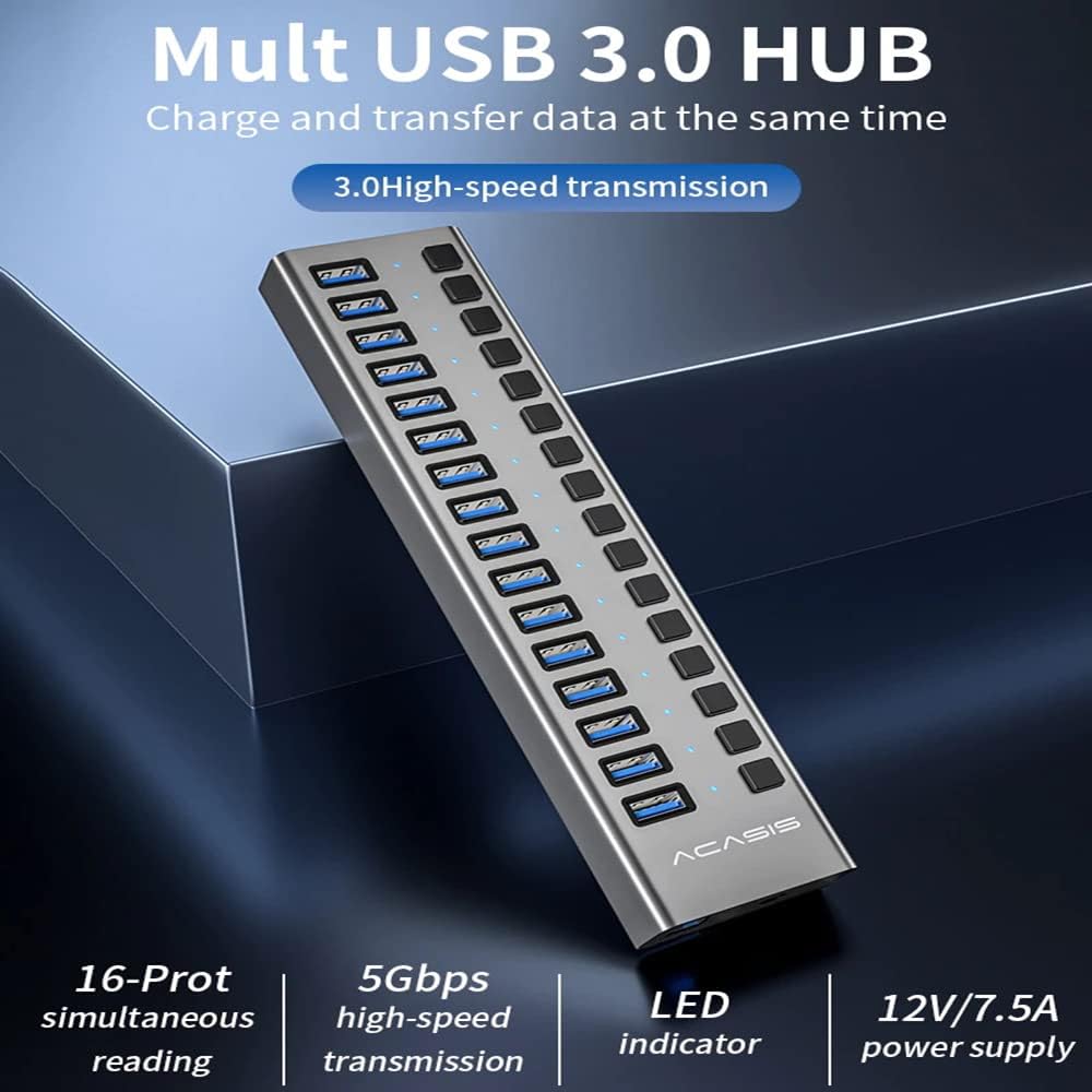 ACASIS Powered USB Hub 16 Ports USB 3.0 Data Hub with Individual On/Off Switches and 12V7.5A 90W Power Adapter USB Hub 3.0 Splitter for Laptop, PC