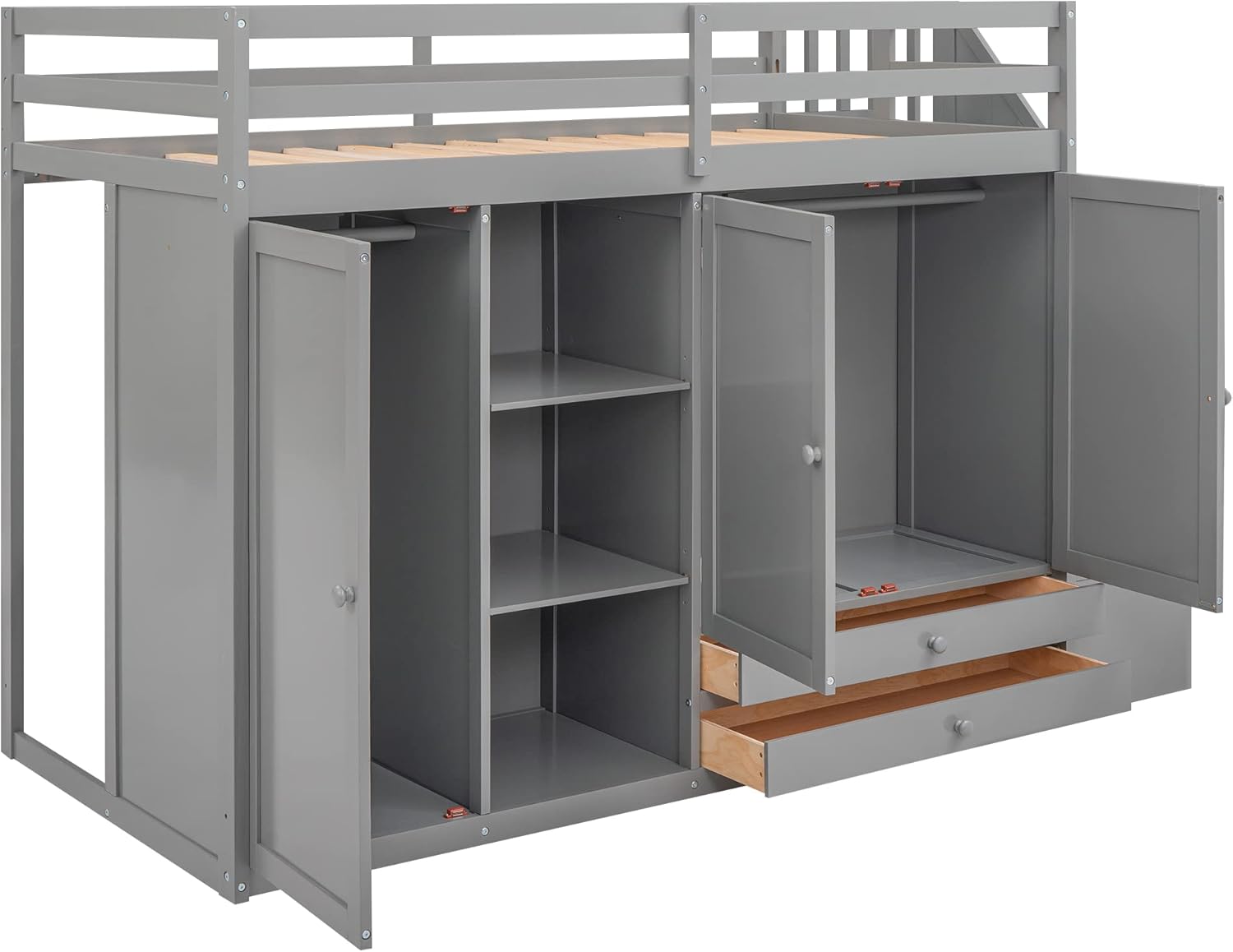 Twin Size Functional Loft Bed with 3 Shelves, 2 Wardrobes and 2 Drawers, Ladder w/Storage Stairway, Wooden Loft Bedframe