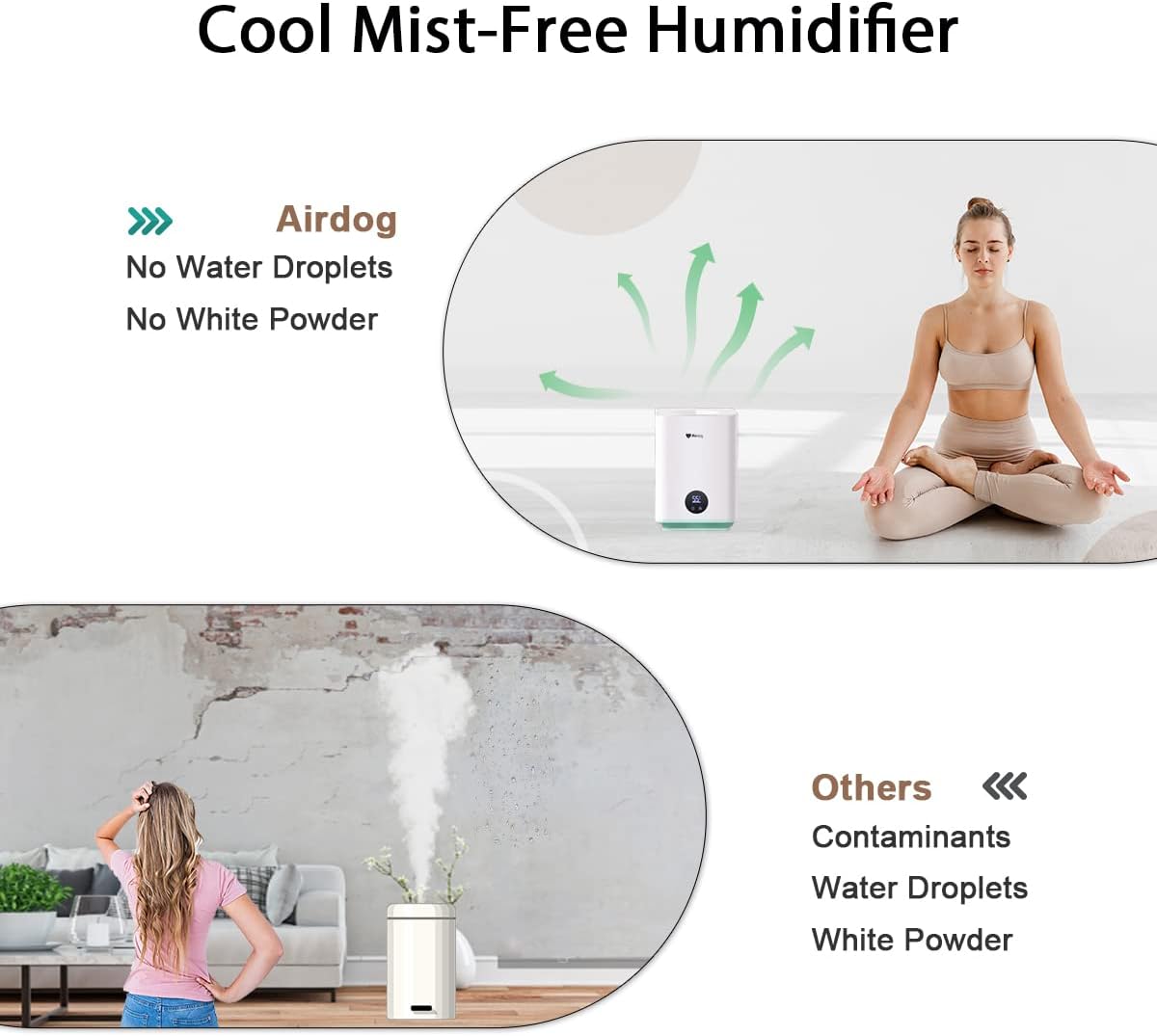 Airdog Humidifiers, Cool Mist-Free Evaporative Humidifiers for Bedroom Large Room Home Baby Room, 3L Top Fill Humidifiers, Easy to Clean