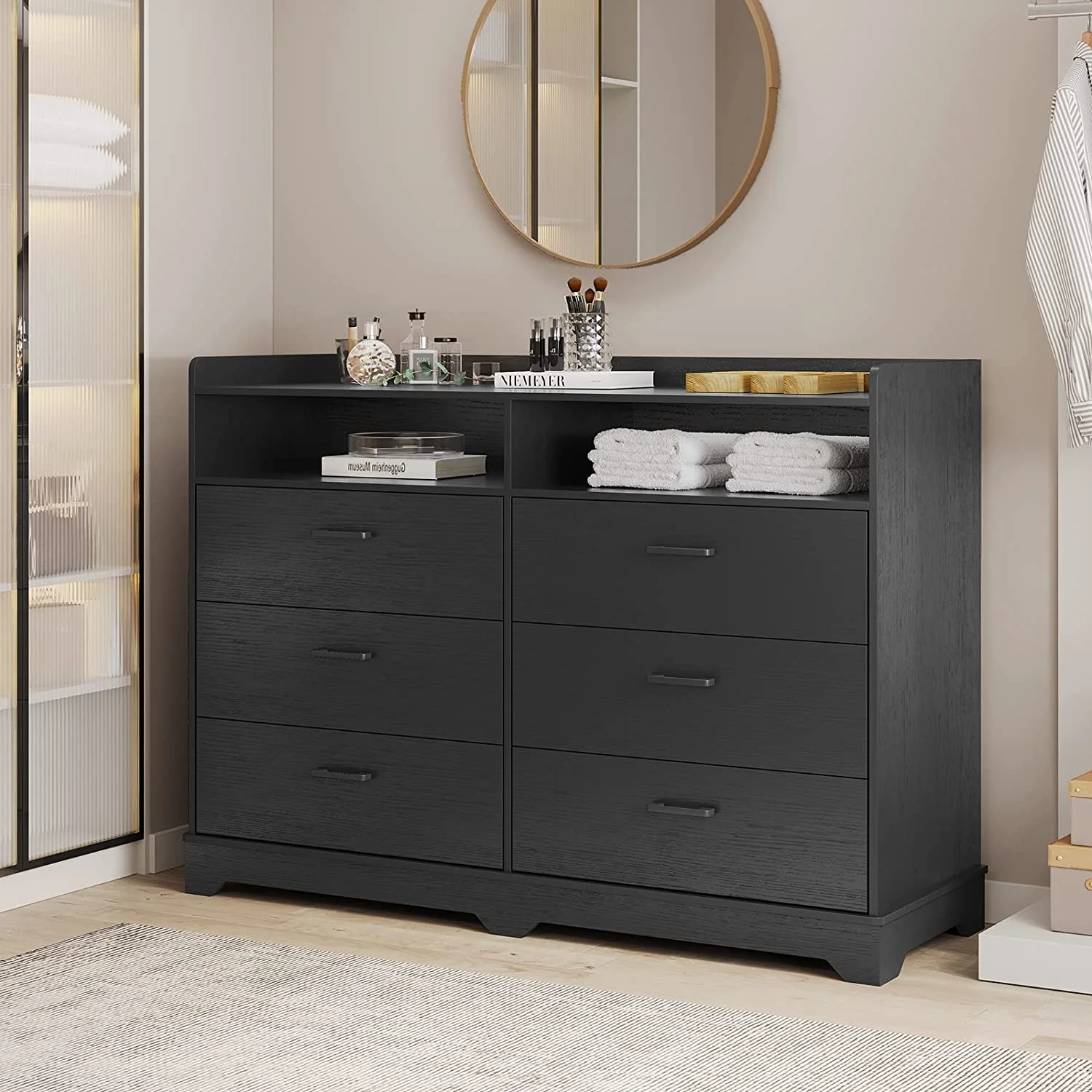 Classic 6 Drawer Dresser,Wood Finish,Modern Farmhouse Storage Tower Chests of Drawers and Open Cubby,for Bedroom,Living Room,Black