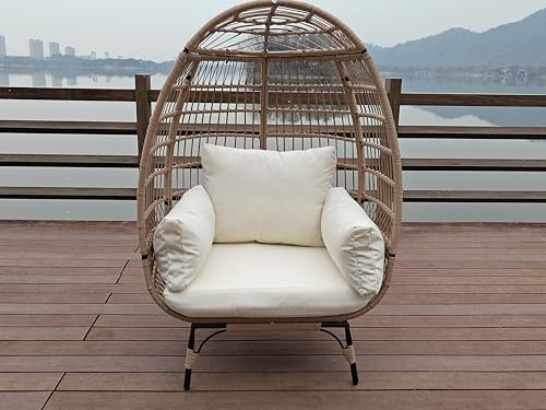 Oversize 360°Swivel Egg Chair Patio Rotating Rattan Egg Basket Lounge Chair, Wicker Egg-Shaped Chair w/Steel Frame Stand and 4 Cushions for Patio