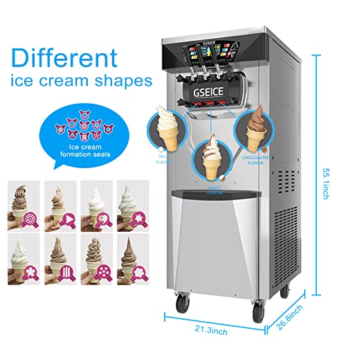 GSEICE Commercial Ice Cream Maker Machine, 2+1 Flavors Soft Serve Machine w/Two Hoppers Cylinders Puffing Pre-Cooling & Frequency Conversion