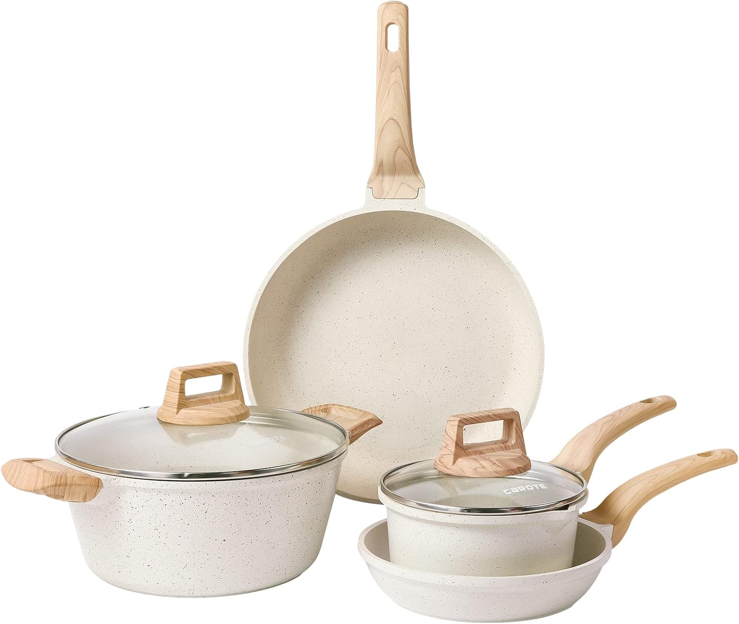 Carote Nonstick Cookware Set,10 Pcs Nonstick Cookware Set Pan and Pot, Essential Woody, Classic Granite