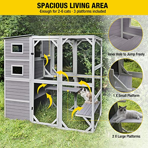Aivituvin Large Cat Catio 4 Tiers Cat Enclosures House for Outdoor Indoor Cats with Weatherproof Roof, 3 Resting Rooms, 3 Platforms