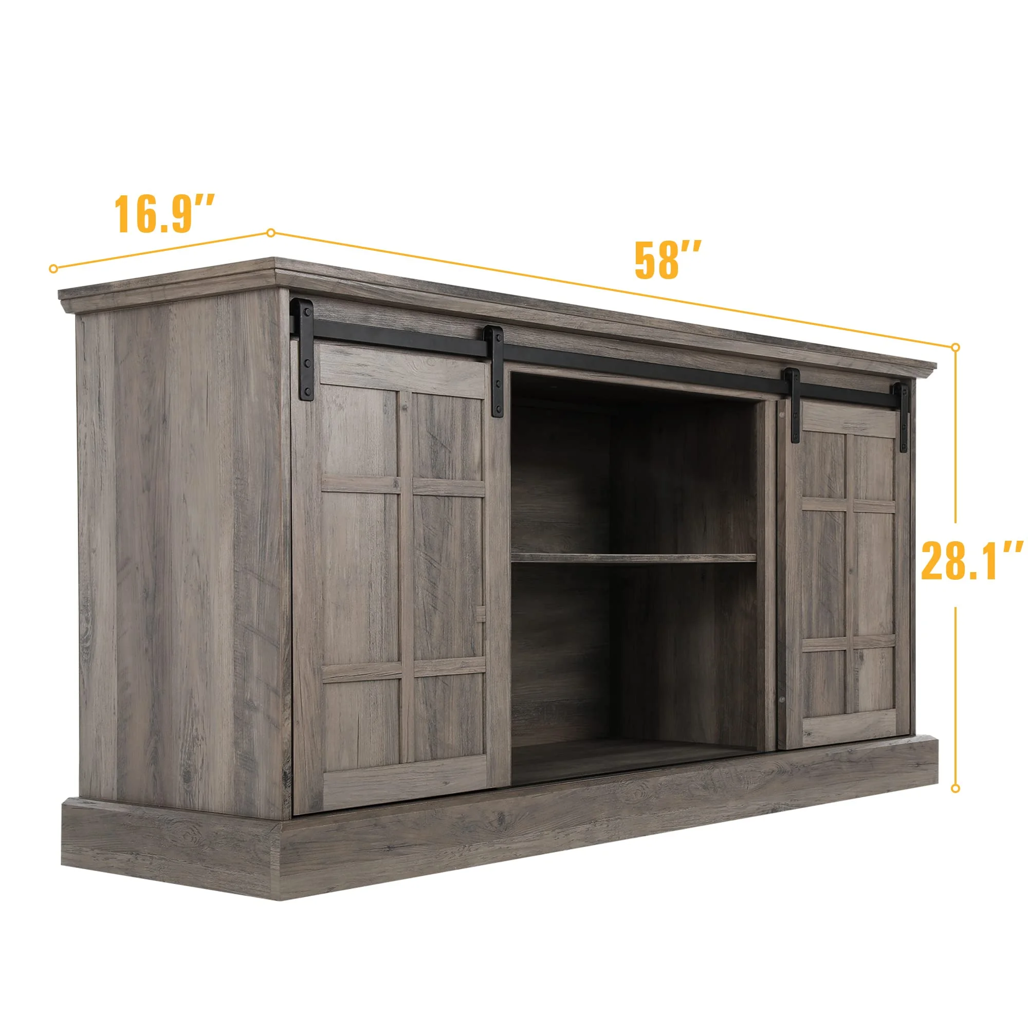 58" Farmhouse TV Stand with 23" Electric Fireplace, Entertainment Center, Fireplace TV Console with Barn Doors for Living Room, Gray Wash