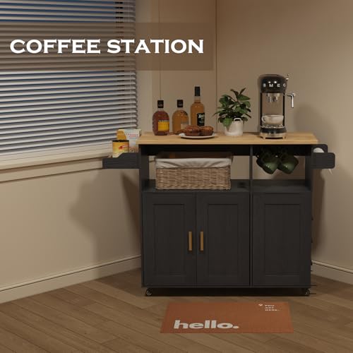 Rolling Mobile Kitchen Island Cart with Desktop Drop Leaf Countertop, Island Table Storage with 5 Wheels