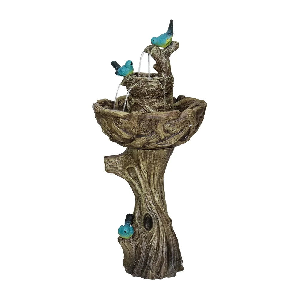 3-Tier Outdoor Water Fountain Bird Bath Patio Fountain Outdoor Stump Like Waterfall Fountain with Birds Decor Freestanding Patio Water Fountain Pump