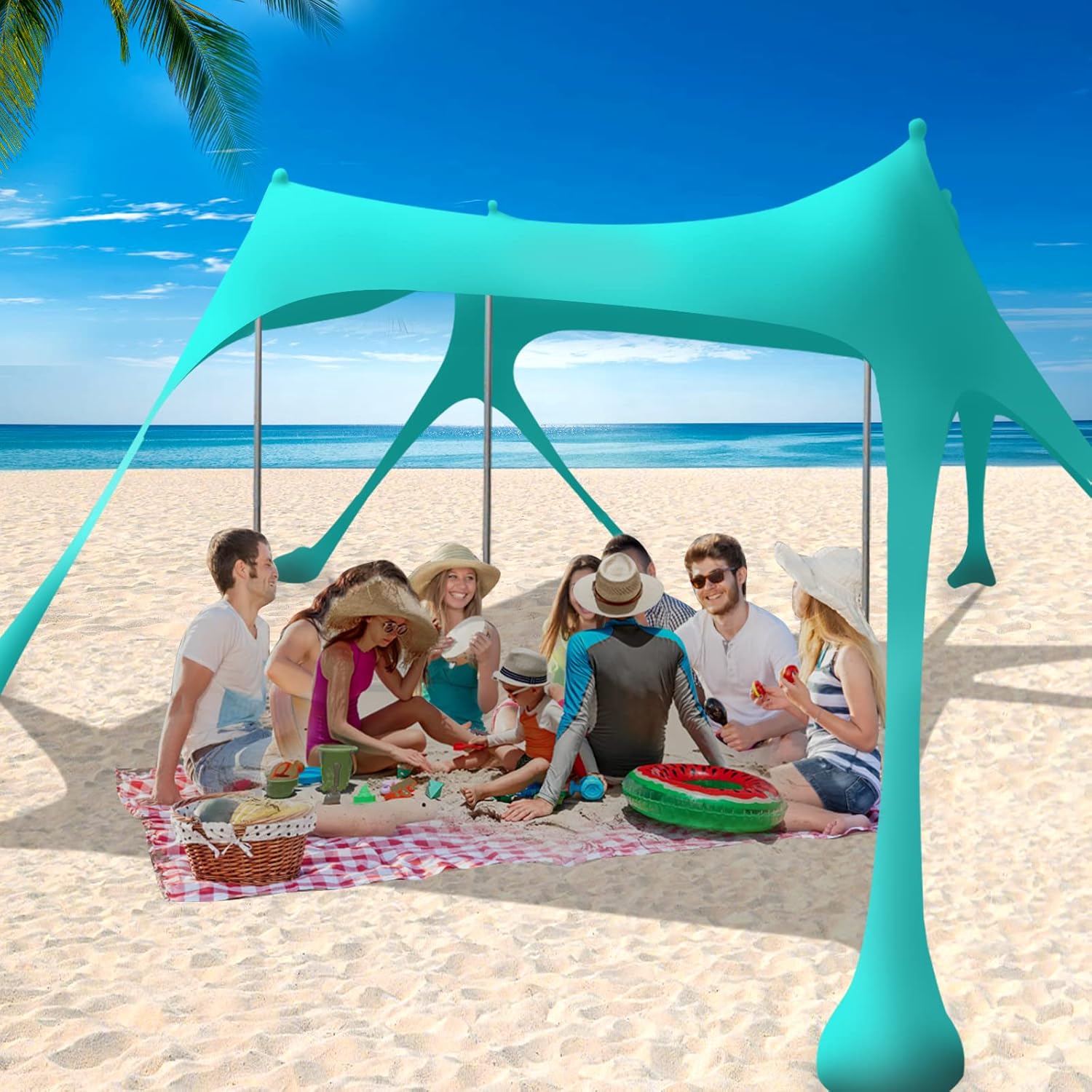 GERSIK Family Beach Tent, Reinforced Beach Canopy, UPF50 Sun Beach Shade, Portable Pop Up Sun Shade with 8 Sandbags 4 Poles Anchors 10x10 FT Shelter