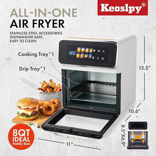 Air Fryer Oven, 8Qt Air Fry 8 Presets, Crispy Top, Bake, Grill Steaks, Bread, Bake Pizzas, French Fries, Reheats, Quick Meals, Digital Timer
