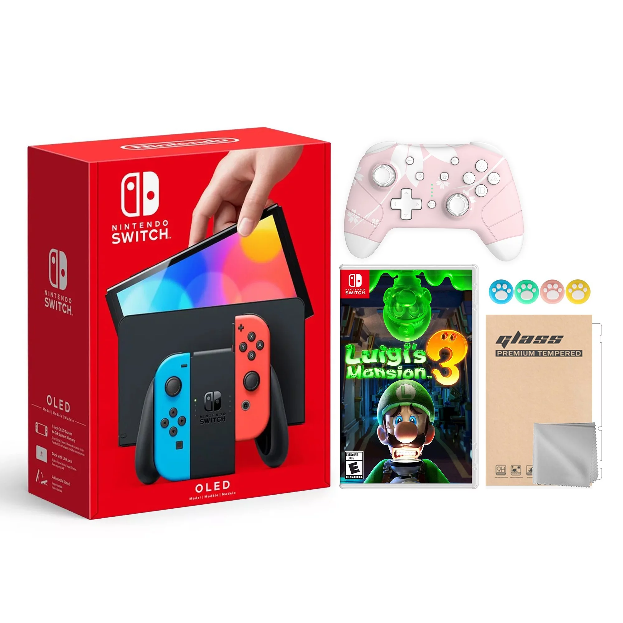 2021 New Nintendo Switch OLED Model Neon Red & Blue Joy Con 64GB Console HD Screen & LAN-Port Dock with Luigi'