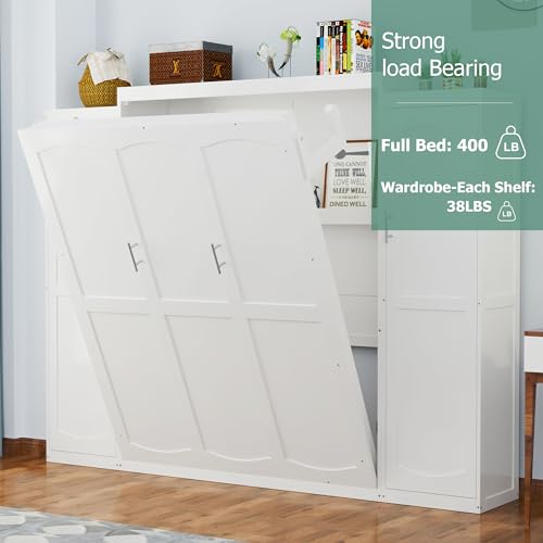 Polib Full Size Murphy Bed with Two Wardrobes and Storage Shelf, Space-Saving Wall Cabinet Bed with Foldable Platform Bedframe for Small Bedrooms