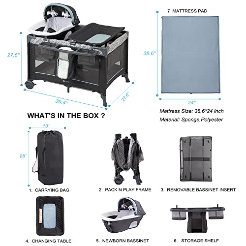5 in 1 Multifunctional Pack and Play,Qutanix Foldable Baby Crib with Bassinets,Changing Table,Newborn Napper with Canopy,Diaper Stacker