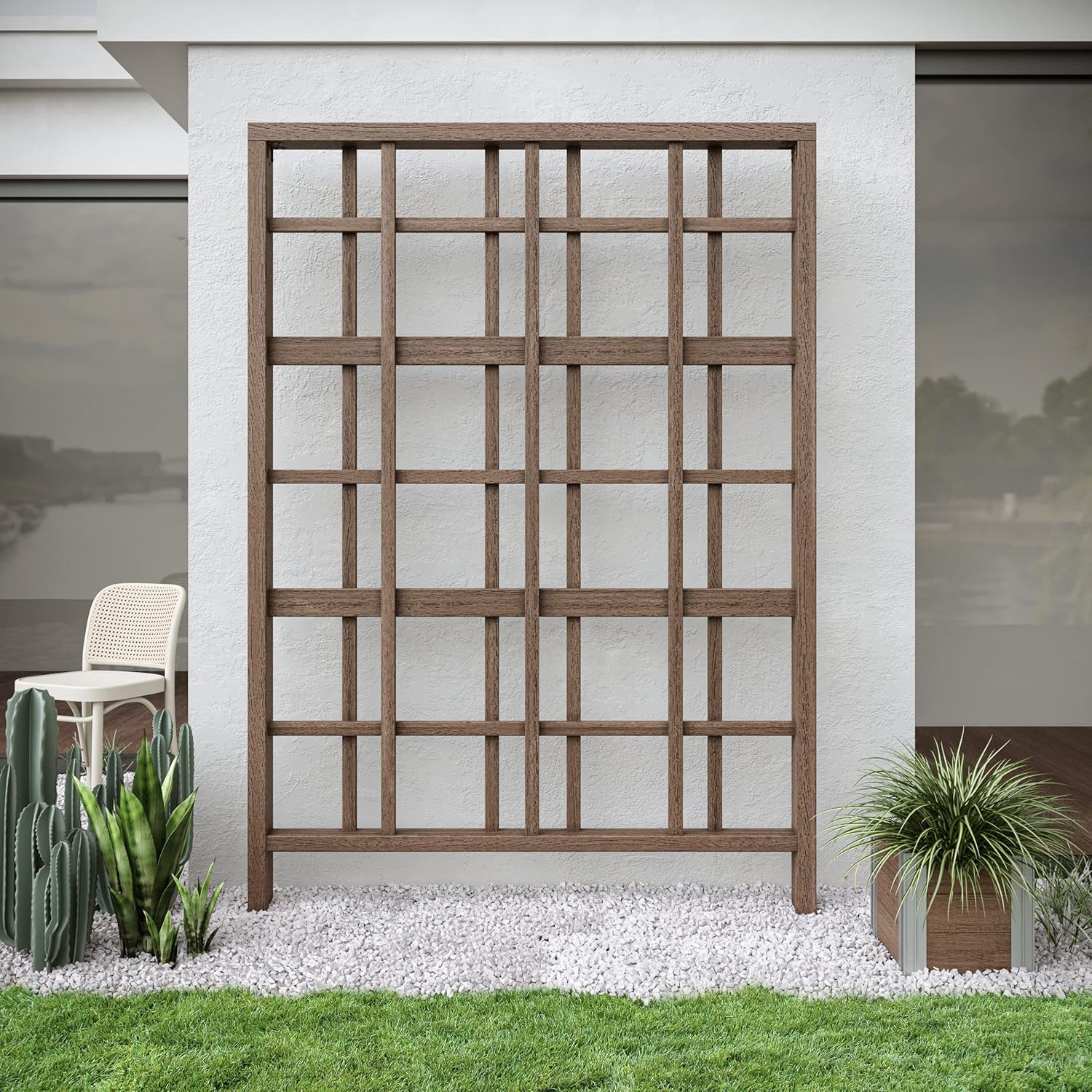 Vita Urbana Espresso Brown Embossed Vinyl Modern Trellis and Privacy Screen, 60 inch L x 84 in H, Garden Décor Lattice, BPA and Pthalate Free, VT17631