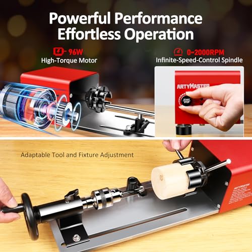 Mini Lathe, WM101A-Plus Mini Wood Lathe Machine, 24VDC 96W Power Lathe, Small Benchtop Lathe with Wood Turning Lathe Tools Kits