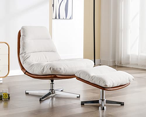 Modern Swivel Accent Chair with Ottoman Set, PU Leather Oversized Armless Reading Chair with Footrest