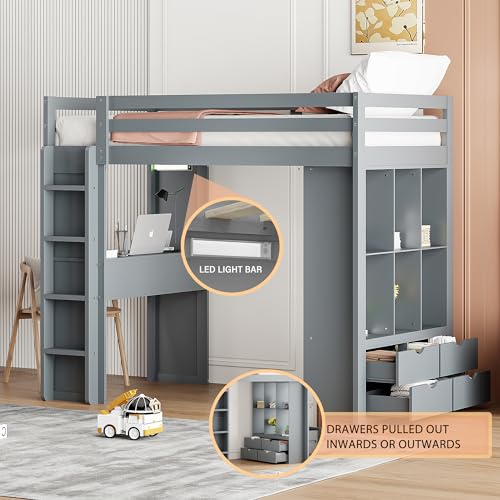 Full Size Loft Bed with Desk & Wardrobe, Solid Wood Kids Loft Bedframe w/3 Storage Drawers & 2 Shelves, Maximum Space Design, for Bedroom, Dorm, Gray