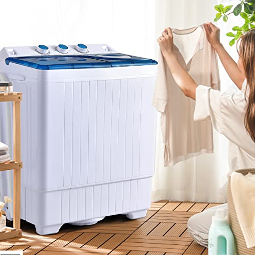 COSTWAY Portable Washing Machine, Twin Tub 26lbs Capacity Laundry Washer, 18lbs Washer and 8lbs Spinner Combo with Timer Knobs, Built-in Drain Pump