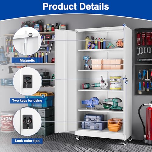 Metal Garage Storage Cabinet with Wheels,Metal Storage Cabinet with Adjustable Shelves,Steel Tool Cabinets with Locking Door for Home, School, Office