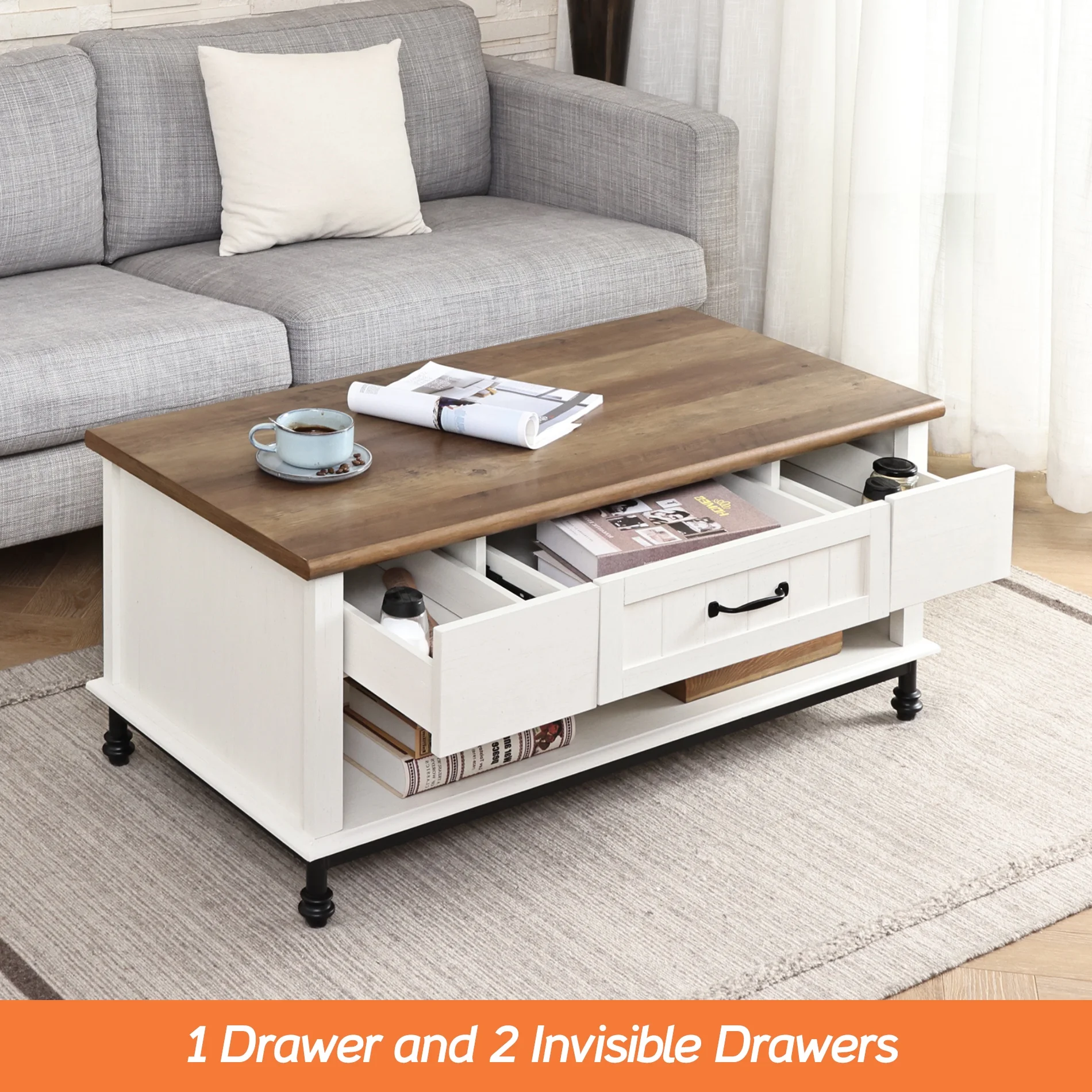 Wampat Farmhouse Coffee Table, Large Rectangle Storage Center with Drawer for Living Room