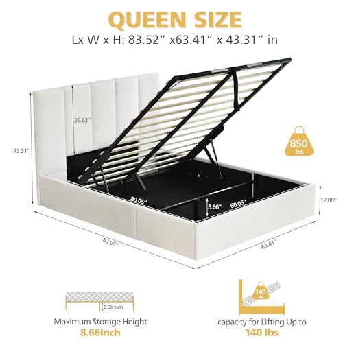 VELOCAVA Queen Size Lift-Up Storage Bed, Upholstered Boucle Bed with Curved Headboard, Rounded Corners, Sturdy Wooden Slat Support