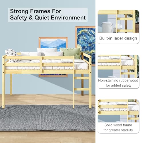 Low Loft Bed Twin Size, Kids Solid Wood Modern Loft Bed Frame with Ladder and Safety Guardrail for Girls Boys, Noise-Free,Non-Toxic Finishes