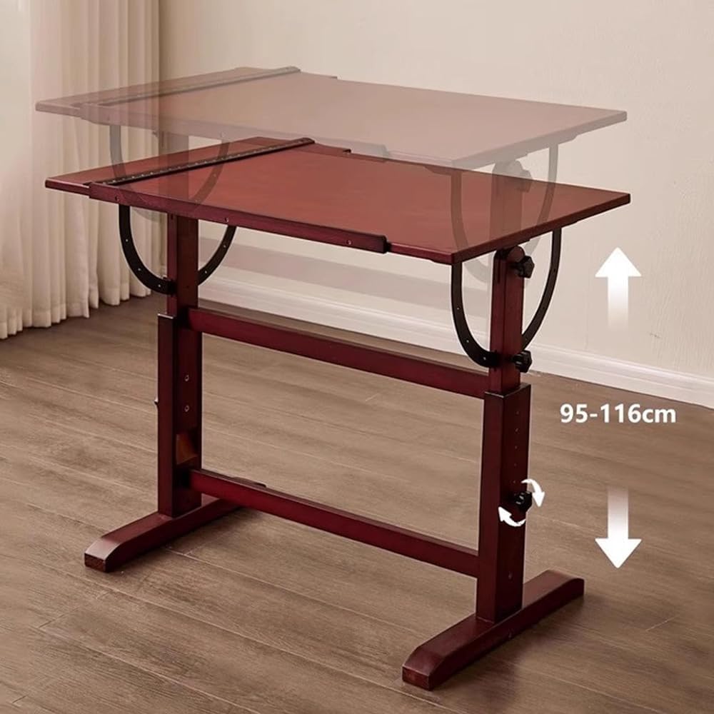 Drawing Table, Studio Painting Table and Craft Table, Height and Angle Adjustable, with Tilting Magnifying Tabletop and T-square
