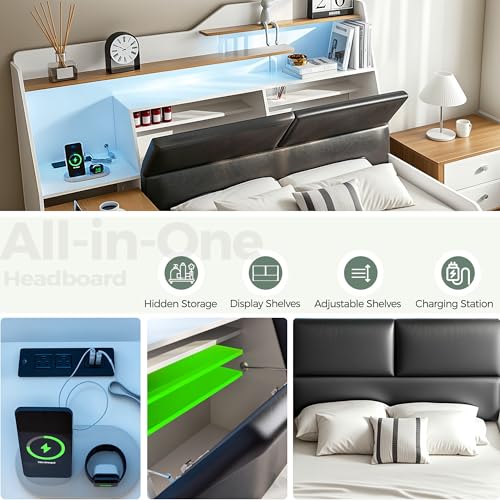 Full Platform Bed Frame with Foldable Desk, Daybed with Storage Headboard, Bookcase, 4 Drawers, LED Light & Charging Station, No Box Spring Needed