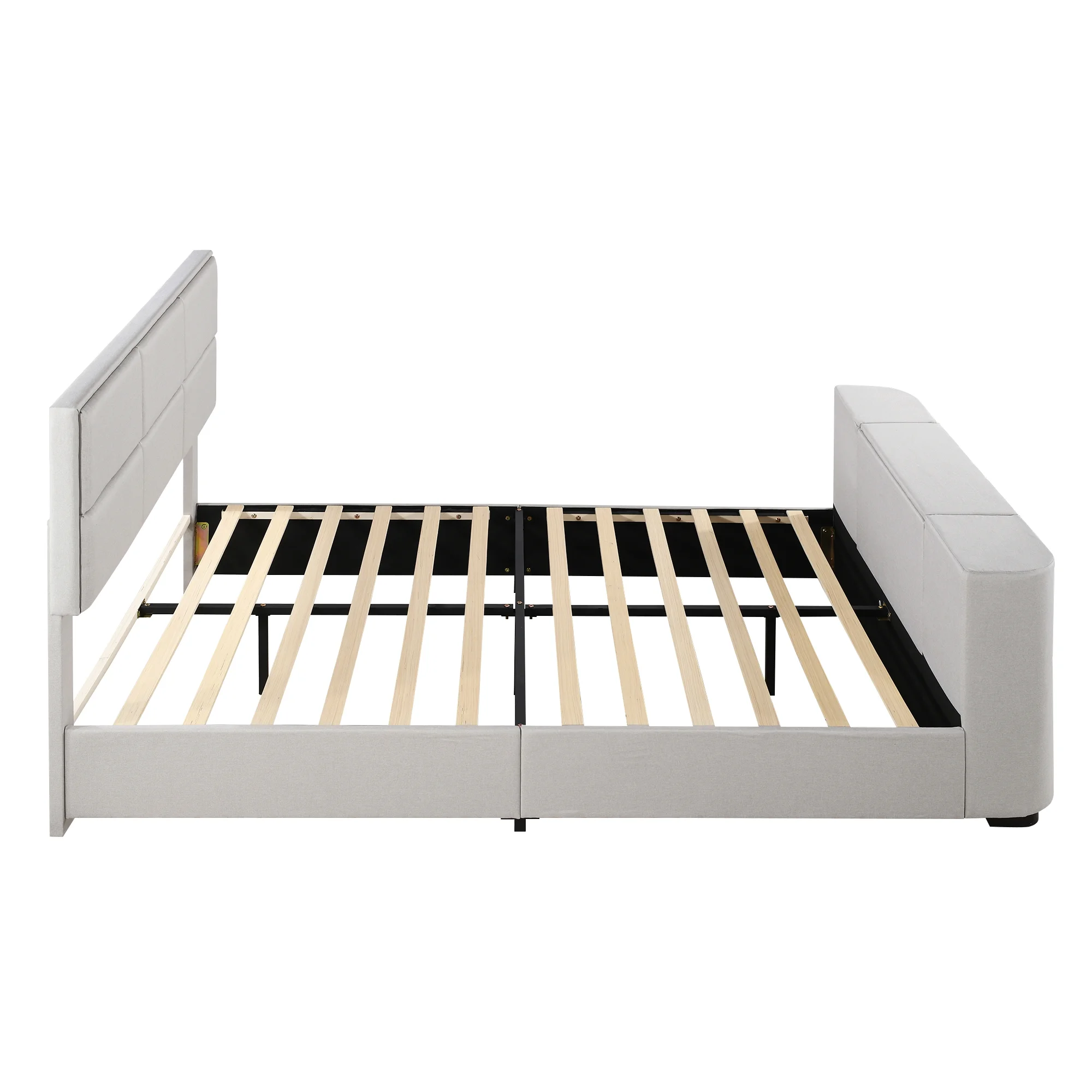 Euroco Upholstery Queen Size Platform Bed, Gaming Bed with Hidden TV Mount and Adjustable Headboard for Living Room, Beige