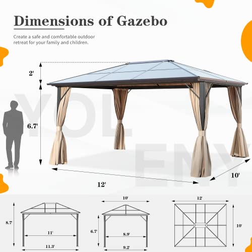 YOLENY 10'x13' Hardtop Gazebo, Outdoor Polycarbonate Double Roof Canopy, Aluminum Frame Permanent Pavilion with Curtains and Netting