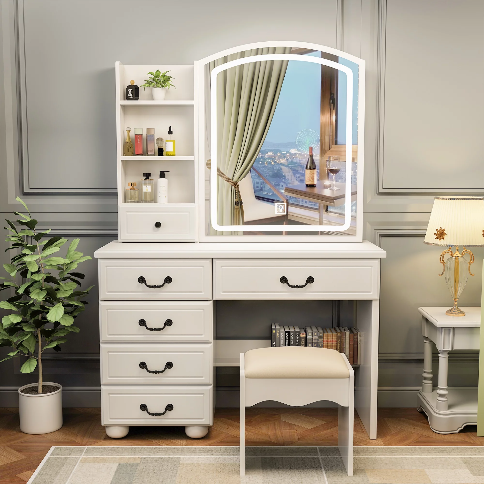 Leavader Vanity Desk with Mirror and Led Lights, Makeup Vanity Table Set with 3 Color Lighting Brightness Adjustable, 6 Drawers