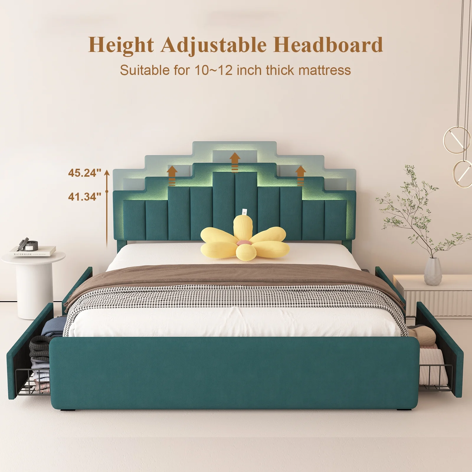 Kallabe Queen Size Bed Frame with Adjustable Headboard, Upholstered Platform Bed with 4 Stoarge Drawers and LED Lights, Luxurious Velvet 60,000 Color