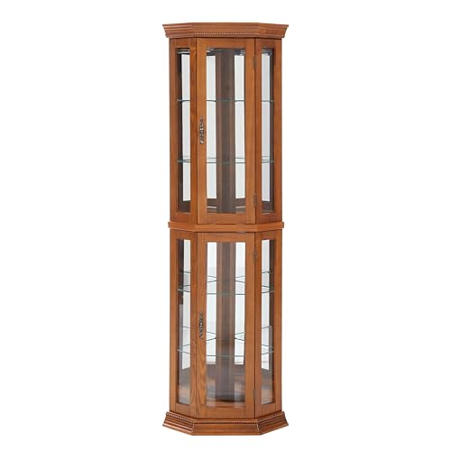 Corner Curio Cabinet Lighted Corner Display, Glass Display Shelf Shelving Bar cabinet with Tempered Glass Door, Bar Cabinet