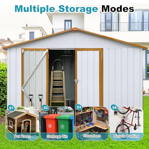 8x6 FT Outdoor Storage Shed, Metal Tool Shed with Lockable Doors, Peaked Roof & Frame Floor