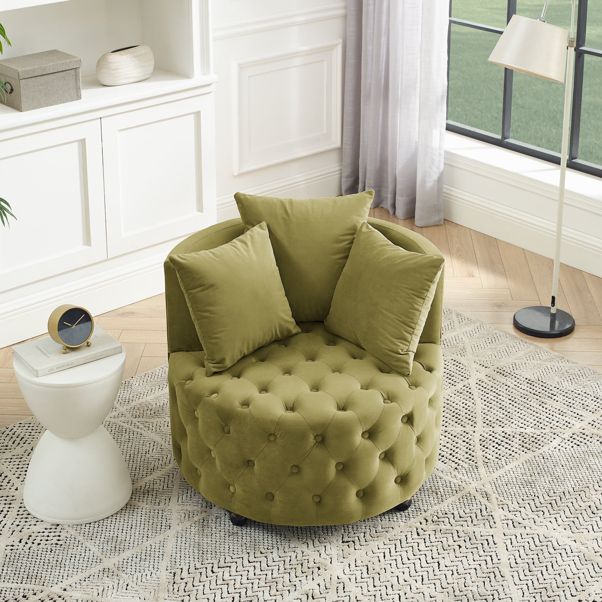 Buumin Velvet Upholstered Swivel Chair for Living Room, Corner Chair, Button Tufted Design, Movable Wheels, 3 Pillows,Khaki Green