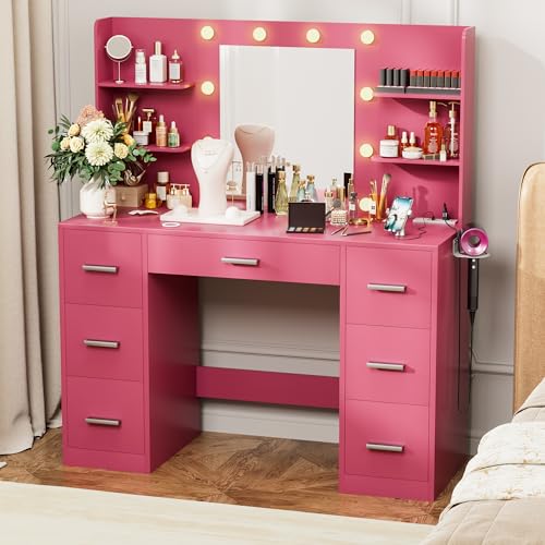 Vanity Desk with LED Lighted Mirror&Power Outlet