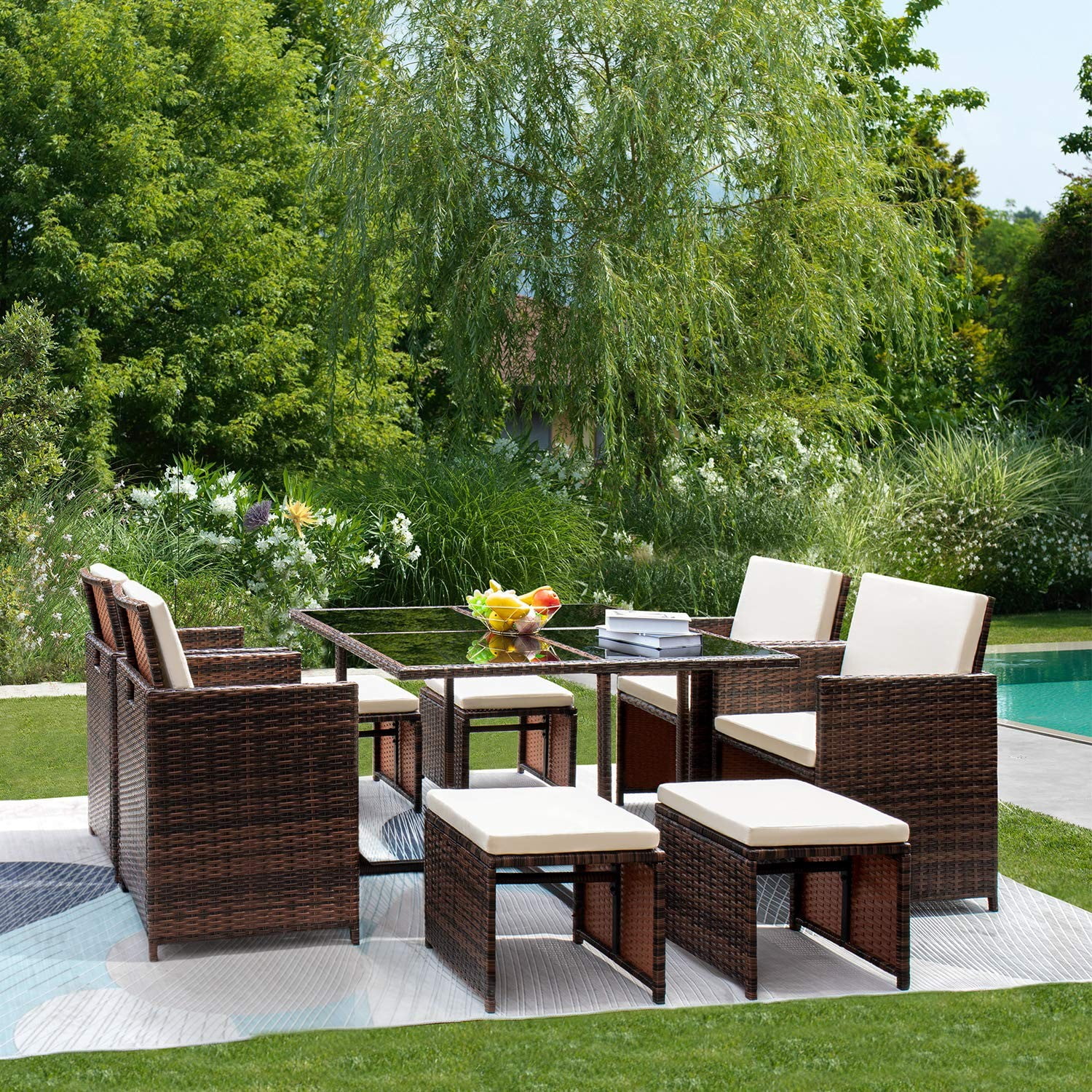 Vineego 9 Pieces Patio Dining Sets Outdoor Furniture Patio Wicker Rattan Chairs and Tempered Glass Table Sectional Set Conversation Set Cushioned