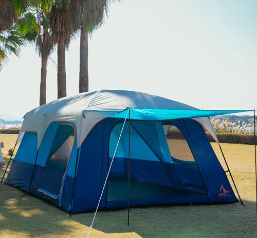 KTT Extra Large Tent 10-12-14 Person(B),Family Cabin Tents,2 Rooms,3 Doors and 3 Windows with Mesh,Straight Wall,Waterproof,Double Layer
