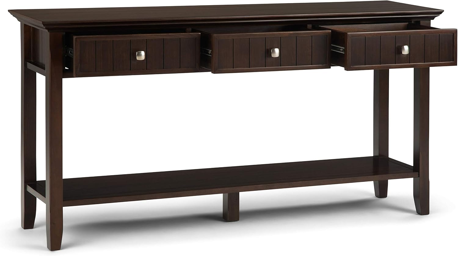 SIMPLIHOME Acadian SOLID WOOD 60 inch Wide Rustic Contemporary Modern Wide Console Sofa Entryway Table in Brunette Brown with Storage