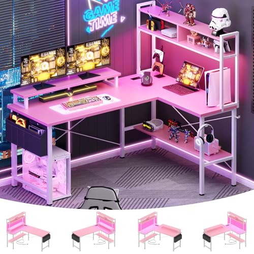 Aheaplus L Shaped Gaming Desk with Power Outlets & LED Lights, Small L- Shaped Desk Computer Corner Desk with Monitor Stand & Storage Shelf