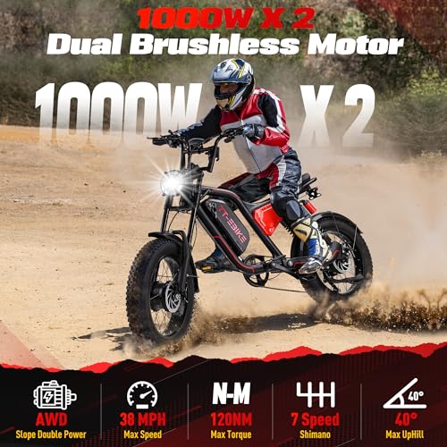 Dual:𝟑𝟎𝟎𝟎𝐖,𝟐𝟎𝟎𝟎/𝟏𝟓𝟎𝟎/𝟏𝟎𝟎𝟎𝐖 Folding Electric Bike Adults with 48V 23/20/17.5AH Battery, 26x4.0 Fat Tire Mountain E Bike, Full Suspension 31-38 MPH