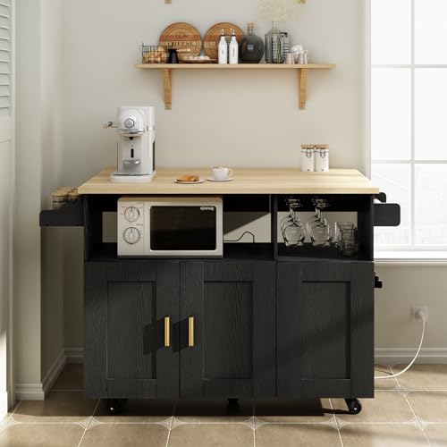 Rolling Mobile Kitchen Island Cart with Desktop Drop Leaf Countertop, Island Table Storage with 5 Wheels
