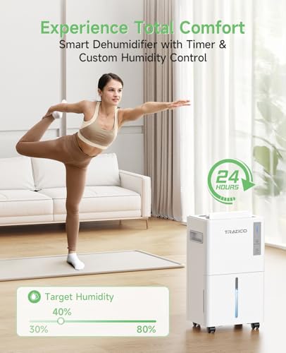 1500 Sq.ft Dehumidifier for Basement, Trazico 21 Pint Dehumidifiers for Home Large Room with Drain Hose, Smart Humidity Control, 3 Modes, 24H Timer