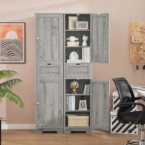 Iwell 67" Tall Bathroom Cabinet, Storage Cabinet with 2 Doors & 1 Drawer, Bathroom Storage Cabinets with Adjustable Shelves, for Living Room