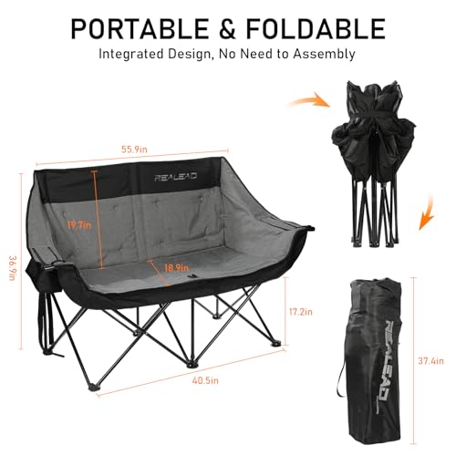 REALEAD Heated Double Camping Chair, 3 Heat Levels and 4 Heating Zones, Portable Heated Loveseat Chair for Outdoor Sports Support 650lbs