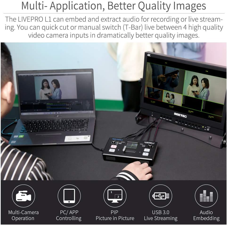 FEELWORLD LIVEPRO L1 V1 Multi Camera Video Mixer Switcher 2 Inch LCD Display 4 x HDMI Inputs USB 3.0 Output Format Real Time Production Live