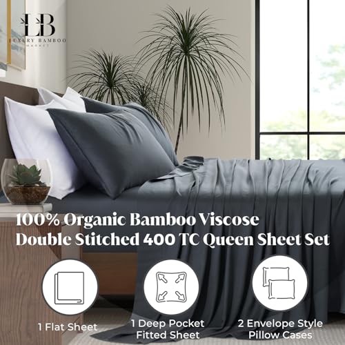 Luxury Bamboo Market | Queen Size Bed Sheet Set | 100% Viscose Made from Bamboo | Organically Grown | Ultra Soft | Cooling Sheets for Hot Sleepers |
