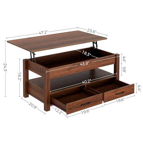 Rolanstar Coffee Table, Lift Top Coffee Table with Drawers and Hidden Compartment, Retro Central Table with Wooden Lift Tabletop, for Living Room