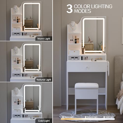 Haewon White Makeup Vanity Desk with Mirror and Lights, Vanity Table Set with Charging Station, Drawer, Storage Chair and Shelves